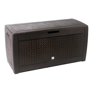 Brązowa skrzynia na poduszki t.b.t. z plecionym wzorem do ogrodu i na patio.