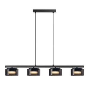 Czarna lampa wisząca t.b.t. z czterema kloszami do jadalni i salonu.