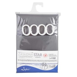 Szara zasłona prysznicowa Star z kółkami, zapakowana. Idealna do każdej łazienki.