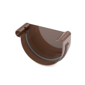 Brązowy dekiel końcowy do plastikowej rynny dachowej.