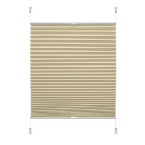Beżowa roleta t.b.t. z drobnymi poziomymi plisami do okien.