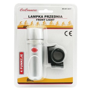 Srebrna lampka rowerowa przednia z 4 funkcjami do montażu na kierownicy.