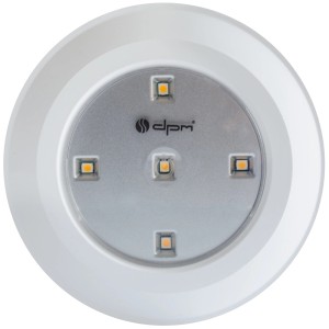 Biała lampka nocna LED ze srebrnym środkiem i czterema światłami.