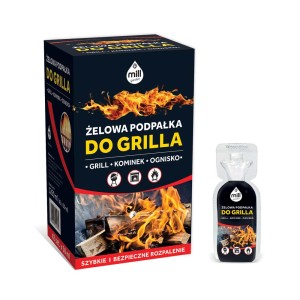 Żelowa podpałka do grilla t.b.t. w opakowaniu i saszetce.