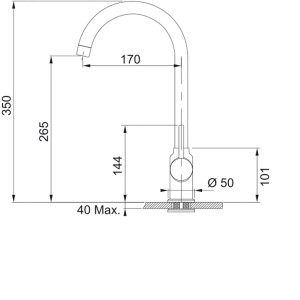 Rysunek techniczny jednouchwytowej baterii t.b.t. z wymiarami.