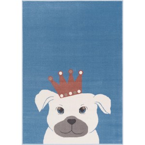 Niebieski dywan z krótkim włosiem z motywem psa w koronie.