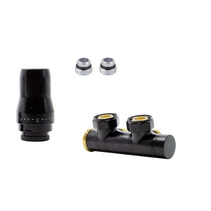 t.b.t. do instalacji grzewczych, czarny rozdzielacz z głowicą termostatyczną i dwoma korkami zaślepiającymi.