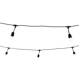Dekoracyjny łańcuch świetlny zewnętrzny z czarnymi oprawkami i białymi żarówkami.