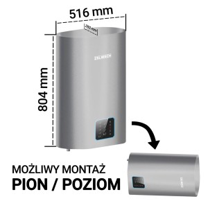 Zdjęcie bojlera t.b.t. z wymiarami i wskazaniem montażu pionowego/poziomego.