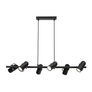 Czarna lampa wisząca t.b.t. z sześcioma reflektorami do użytku wewnętrznego.