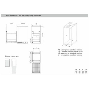 Rysunek techniczny: t.b.t. system przechowywania w kuchni z wymiarami do zabudowy.