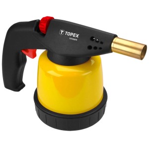 Żółta lutownica z czarną rączką i czerwonym przyciskiem. Idealna do lutowania.