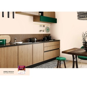 Kuchnia z farbą do ścian w jasnym kremowym odcieniu. Wzornik koloru farby do ścian na pierwszym planie.