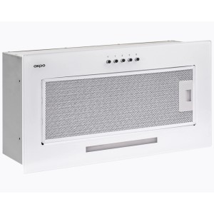 Biały, płaski okap t.b.t. z metalowym filtrem i przyciskami sterującymi.