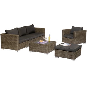 Zestaw wypoczynkowy Stratford Nature Dark: fotel, sofa, taboret i stół z polirattanu z poduszkami.