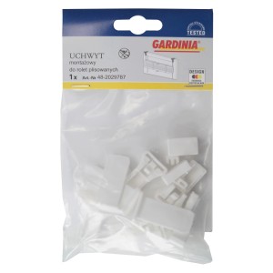 Zestaw montażowy Gardinia do rolet plisowanych, białe plastikowe elementy w opakowaniu.