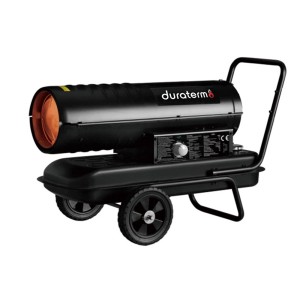 Czarna nagrzewnica Duraterm z kółkami i uchwytem.