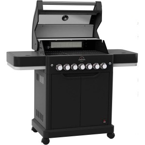 Czarny grill gazowy t.b.t. z półkami bocznymi i szafką.