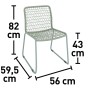 Wymiary krzesła ogrodowego t.b.t.: wysokość 82 cm, wysokość siedziska 43 cm, szerokość 59,5 cm, głębokość 56 cm.