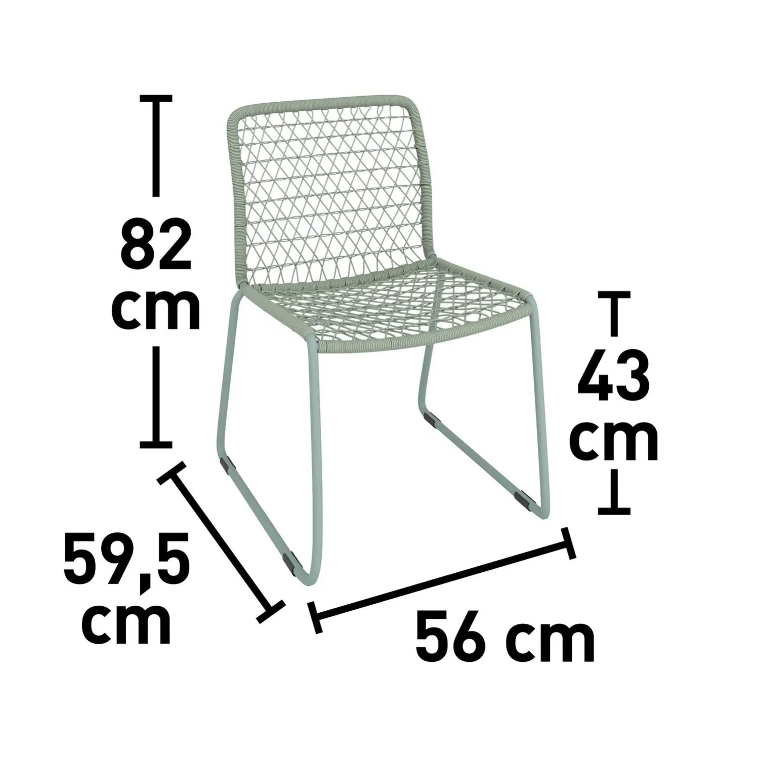 Wymiary krzesła ogrodowego t.b.t.: wysokość 82 cm, wysokość siedziska 43 cm, szerokość 59,5 cm, głębokość 56 cm.