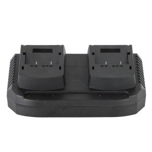 Czarna ładowarka t.b.t. do akumulatorów elektronarzędzi z dwoma gniazdami ładowania.