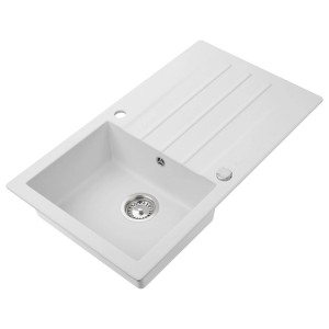 Biały zlewozmywak granitowy t.b.t. z ociekaczem i komorą.