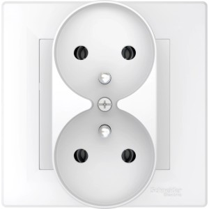 Białe podwójne gniazdko elektryczne do użytku wewnętrznego.