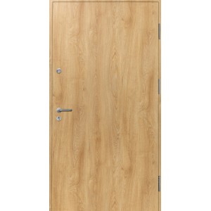 Drzwi zewnętrzne o wyglądzie drewna z srebrną klamką i zamkiem.