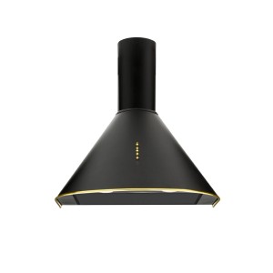 Czarny okap ścienny t.b.t. z złotymi akcentami do kuchni.