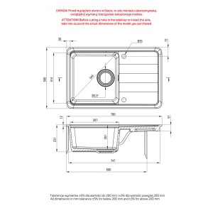 Rysunek techniczny zlewozmywaka ceramicznego t.b.t. z wymiarami.
