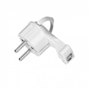 Biała wtyczka kątowa t.b.t. do ciasnych przestrzeni.