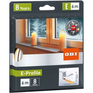 Opakowanie białej uszczelki gumowej do drzwi/okien OBI, profil E, długość 6 m.