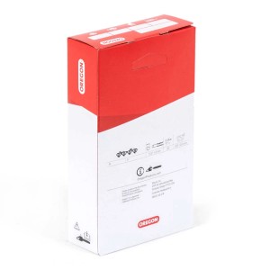 Opakowanie akcesoriów do pił łańcuchowych t.b.t. firmy Oregon, czerwono-białe.