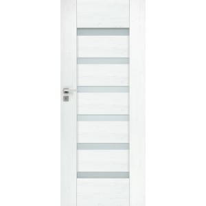 Białe drzwi wewnętrzne z pięcioma poziomymi wstawkami szklanymi.