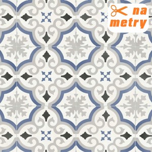 Dekoracyjne wykładziny podłogowe PCV z niebiesko-szarym wzorem.