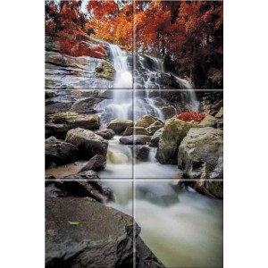 Dekoracyjna płytka z motywem wodospadu i jesiennych liści, idealna jako dekoracja ścienna.