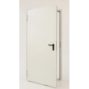 Otwarte, białe drzwi stalowe z czarną klamką.