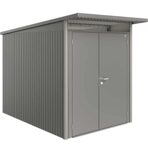 Metalowy domek narzędziowy Biohort AvantGarde A3, kwarcowy szary metalik, z wąskimi drzwiami dwuskrzydłowymi.