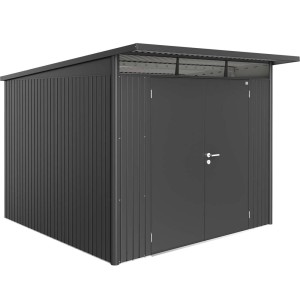 Nowoczesny, szary metalowy domek narzędziowy z podwójnymi drzwiami i płaskim dachem.