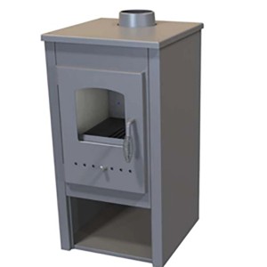 Szary piec na drewno z szybą i schowkiem na drewno.