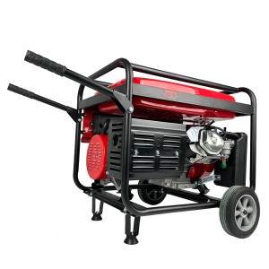 Czerwony agregat prądotwórczy t.b.t. z kołami i czarną ramą.