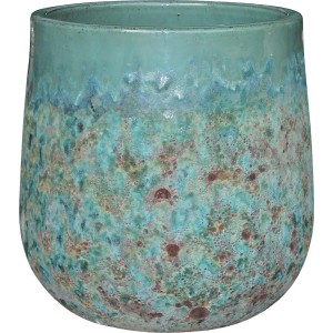 Turkusowa doniczka t.b.t. z nakrapianą teksturą do użytku wewnątrz i na zewnątrz.