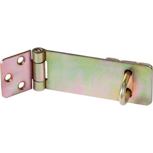 Żółty ocynkowany zamek bezpieczeństwa, 85x35mm, do zabezpieczania pokryw skrzyń i przejść.