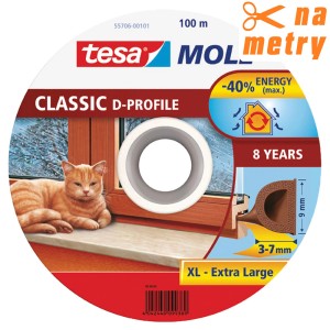 Tesa Moll D-Profile XL, brązowy, rolka 100 m, uszczelka okienna dla efektywności energetycznej.