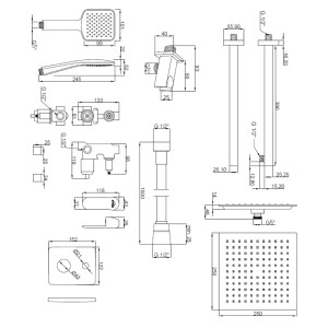 Rysunek techniczny zestawu prysznicowego z słuchawką, deszczownicą i armaturą z wymiarami.
