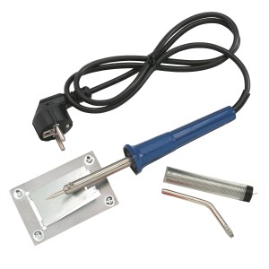 Zestaw lutownicy LUX 30 W ze stojakiem, grotami lutowniczymi i cyną do precyzyjnych prac.