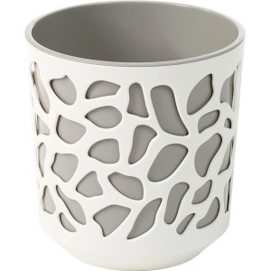 Dwukolorowa osłonka na doniczkę Duet, kremowo-biała i taupe, Ø 30 cm, z ażurowym wzorem.