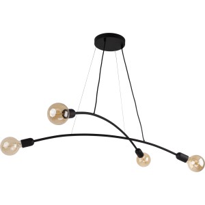 Czarna lampa wisząca t.b.t. z czterema żarówkami. Nowoczesna lampa do salonu i jadalni.