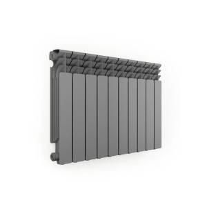 Szary grzejnik t.b.t. do montażu na ścianie.