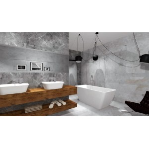 Nowoczesna łazienka z szarymi płytkami podłogowymi t.b.t i białą armaturą.